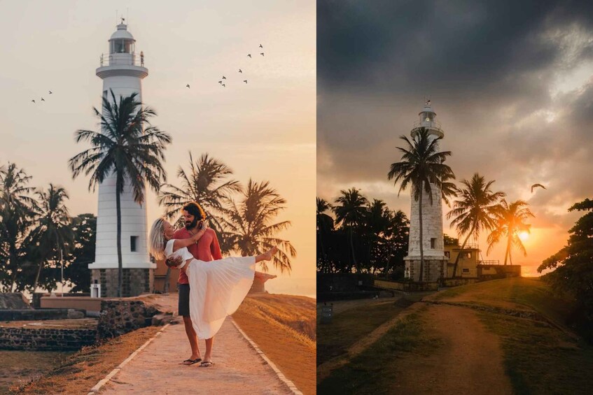 A couple embracing in front of a lighthouse with palm trees and a sunset in the background. 1