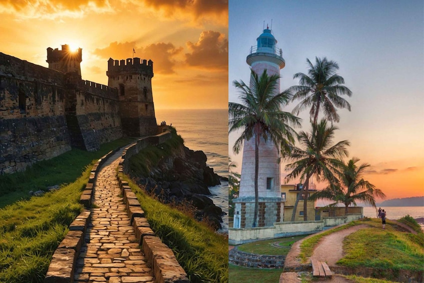 A stone pathway leading to a castle and a lighthouse with palm trees. 5