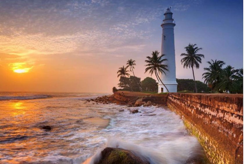 A lighthouse by the sea at sunset with palm trees and a rocky shoreline. 2