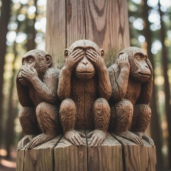 A wooden sculpture of three chimpanzees seated on a wooden post in a forest. 1