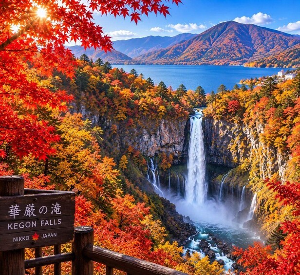 Kegon Falls in Nikko, Japan, surrounded by autumn foliage and a mountain backdrop. 1