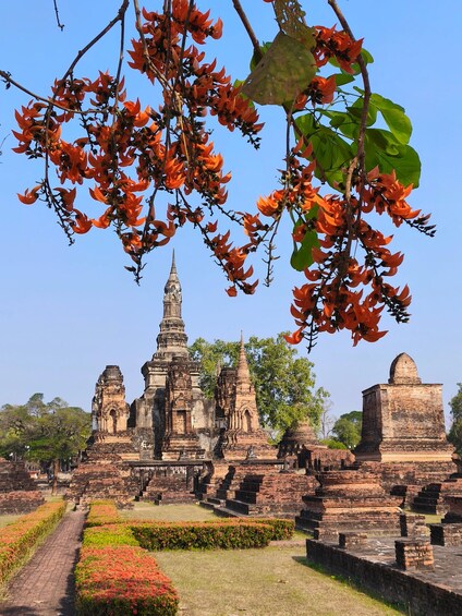 Ancient brick ruins with a prominent stupa and multiple smaller structures, surrounded by well-maintained gardens and clear skies. 2
