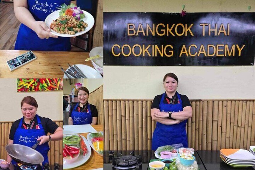 A cooking academy with Thai cuisine, a person cooking, and a plate of food. 1