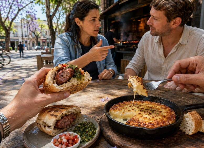 A meal with a grilled sausage sandwich, a skillet of cheese, and a small bowl of salsa. 3