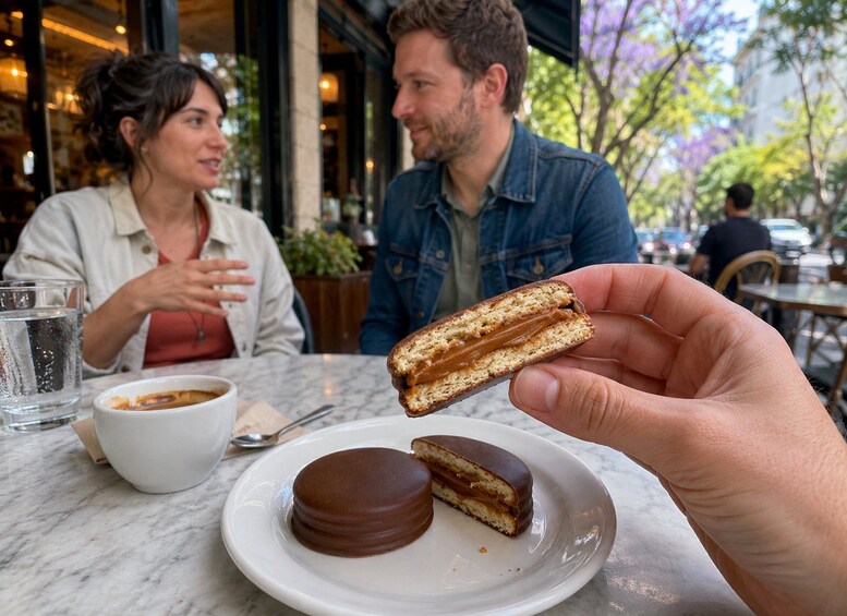 A person holding a half-eaten chocolate-covered pastry at a cafe. 4