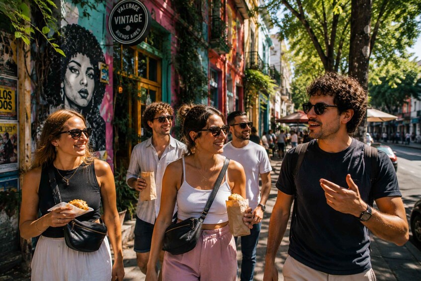 A group of people walking on a street with colorful buildings and a mural. 1