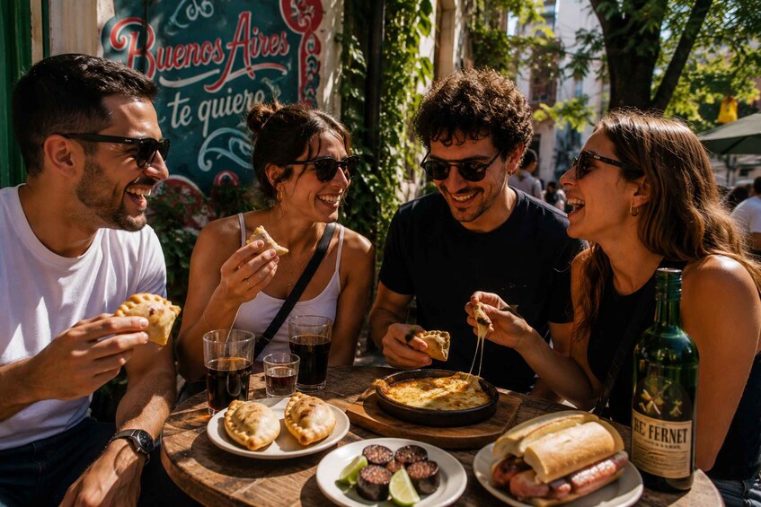 People eating at an outdoor table with food and drinks. 5