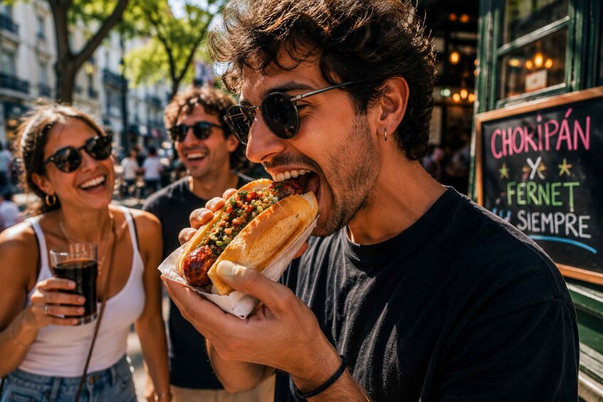 A person holding a hot dog with toppings, standing in front of a chalkboard sign that reads 'CHORIPAN FERNET SIEMPRE'. 3