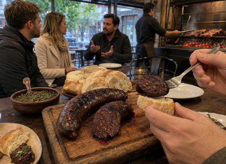 A restaurant with grilled sausages, bread, and a person cutting a sausage. 5