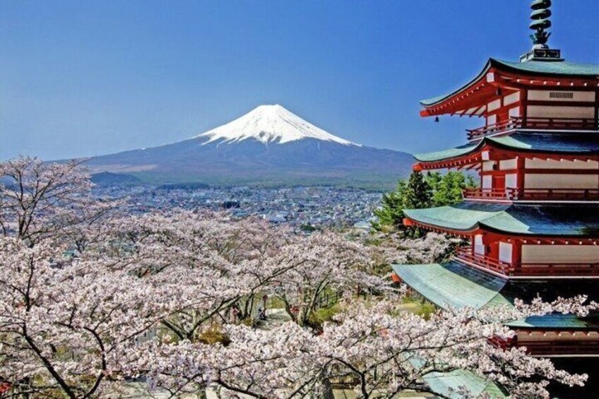 Fujiyama, Kirschblüten und eine traditionelle japanische Pagode. 1