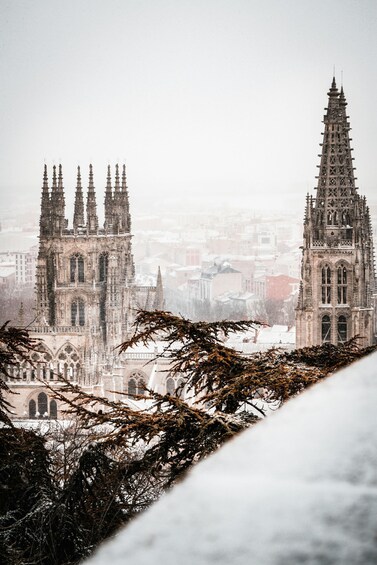 A snow-covered cityscape with Gothic-style cathedrals. 2