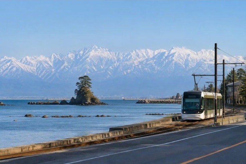 A coastal road with a tram, a small island with a tree, and snow-capped mountains in the background. 2