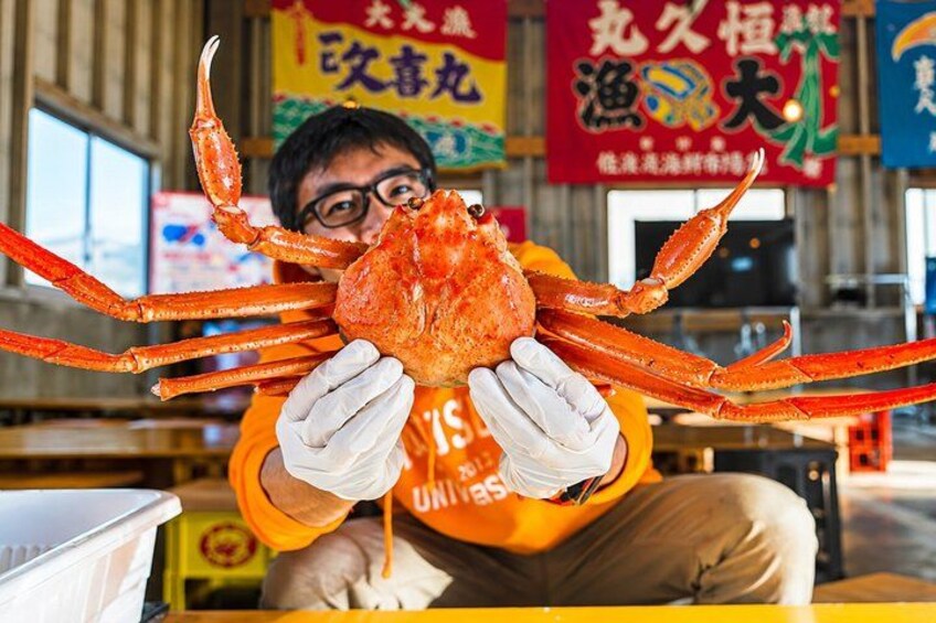 Een persoon houdt een grote krab met rode poten en scharen vast, gekleed in een oranje shirt en witte handschoenen. 3