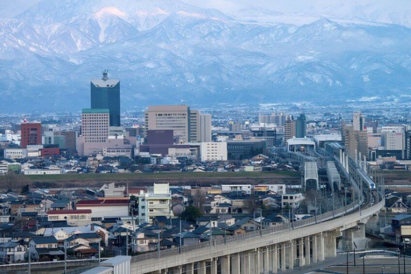 A cityscape with a bridge, buildings, and snow-capped mountains in the background. 3