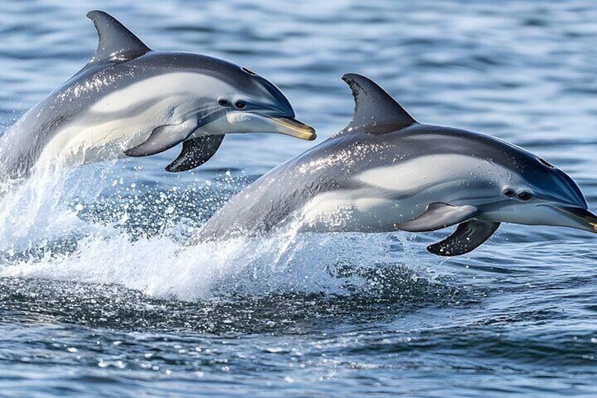 Two dolphins leaping out of the water. 5