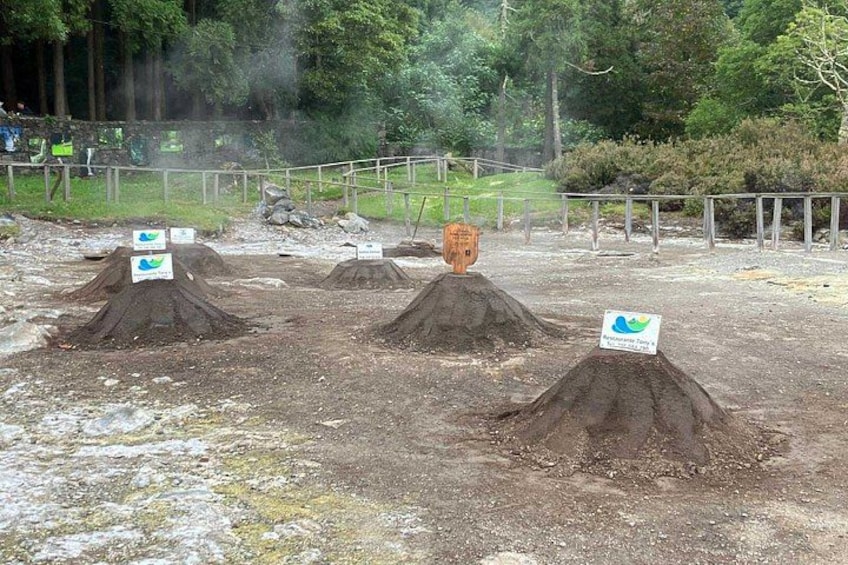 Een vulkaanlandschap met verschillende aardhopen en een bordje dat een geotermisch gebied aangeeft. 1