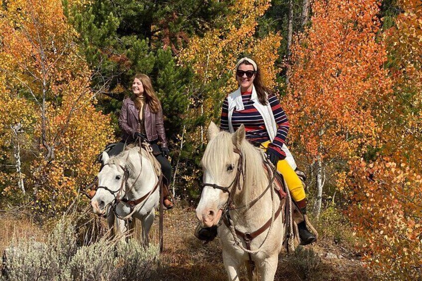 Two people riding horses in a forested area with autumn foliage. 5