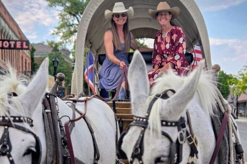 Een overdekte wagen met twee personen, een witte paard en een gebouw met een bord waarop 'HOTEL' staat. 3