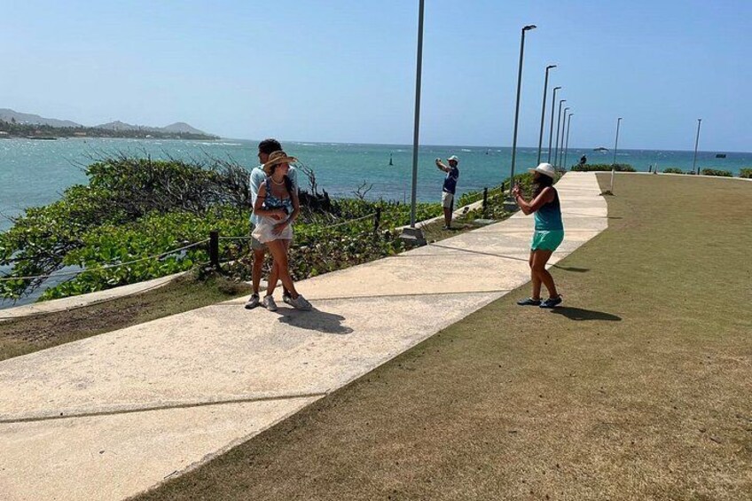 A coastal walkway with people standing and taking photos, a clear sky, and the ocean in the background. 2