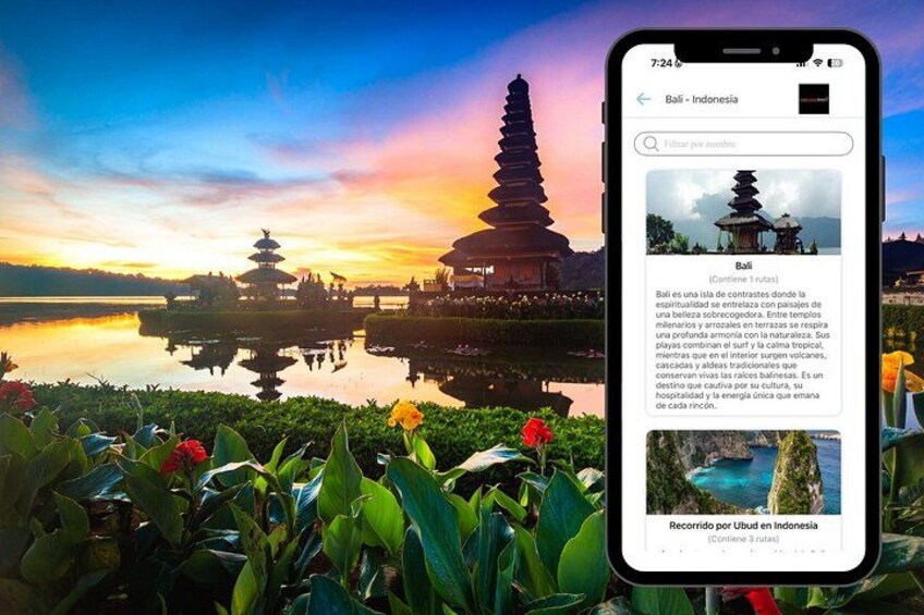 En smartphone viser en rejseapp med en pagode og lotusblomster. 5