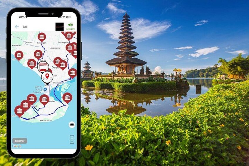 En smartphone viser et kort med en pagode og en sø. 2