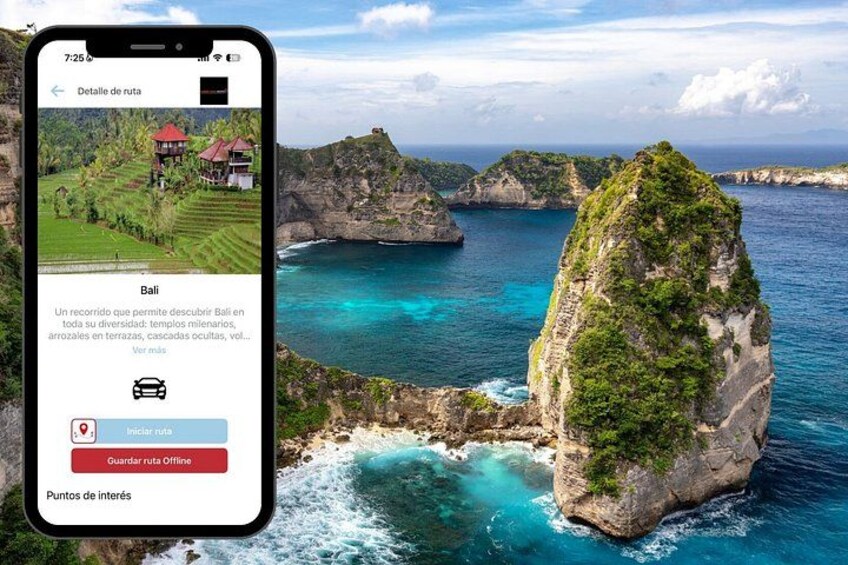 En smartphone viser en rejserute for Bali med et smukt kystlandskab. 1