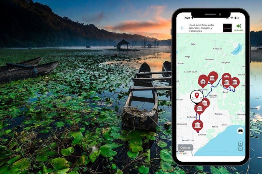 En smartphone viser et kort med ikoner for templer og vartegn. 3