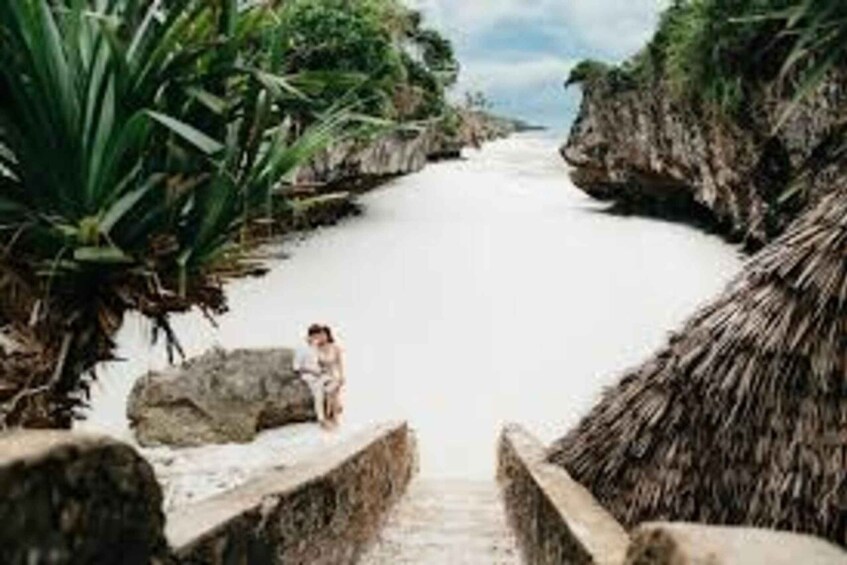 A pathway leading through a tropical landscape with dense vegetation on either side. 4