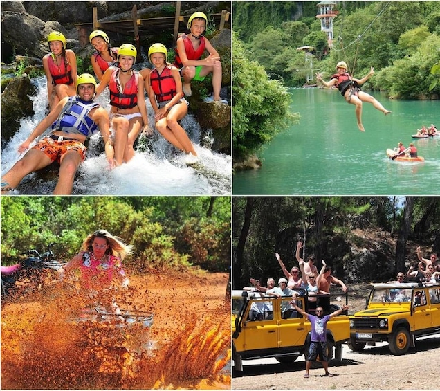 People rafting, a water body, a zipline, a dust explosion, and a yellow vehicle. 1