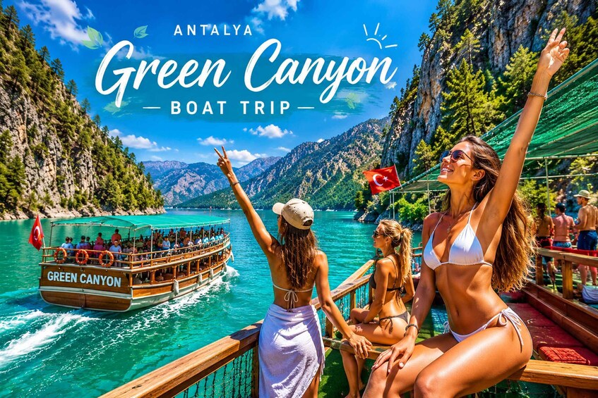 A boat named 'Green Canyon' on a turquoise lake surrounded by mountains. 1