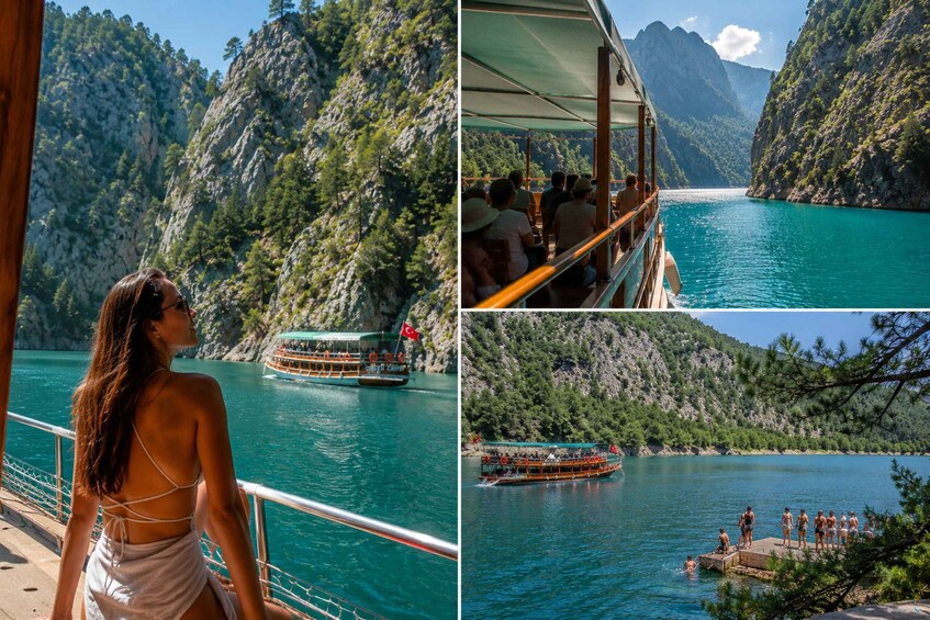 A boat on a turquoise lake surrounded by mountains. 2