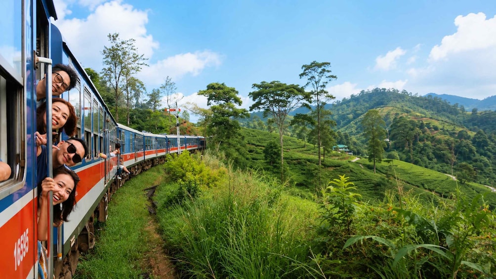 A train traveling through a lush, green landscape with rolling hills and tea plantations. 5