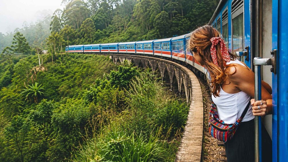 A person leaning out of a train window, observing a curved railway track surrounded by lush greenery. 1