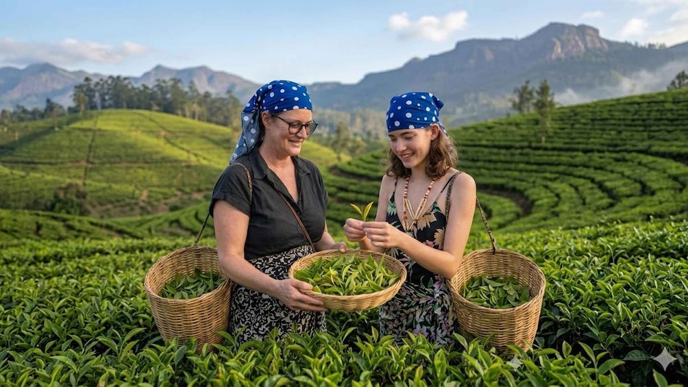 Two people harvesting tea leaves in a lush green tea plantation with mountains in the background. 1