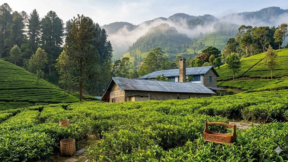A tea plantation with a stone house labeled 'BLUEFIELD' amidst lush greenery and rolling hills. 2