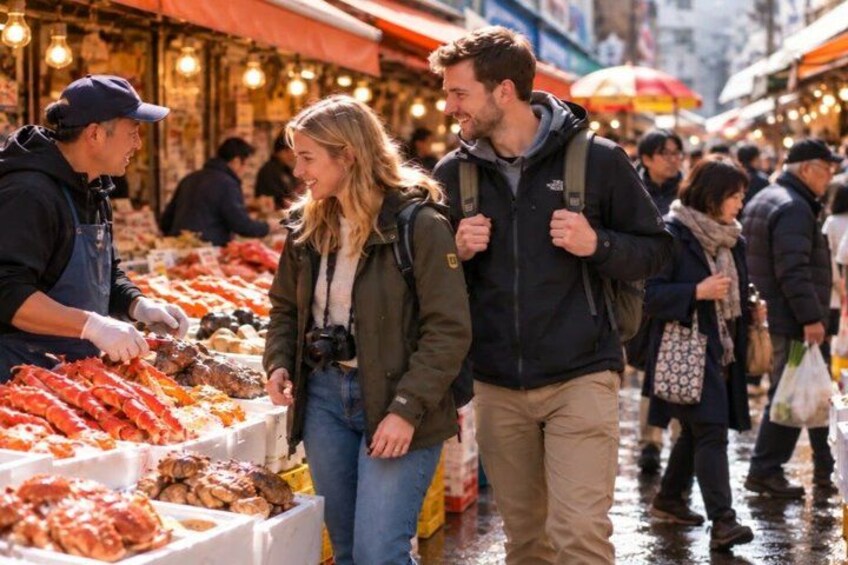 Un mercado al aire libre concurrido, donde la gente compra y los vendedores ofrecen mariscos. 5