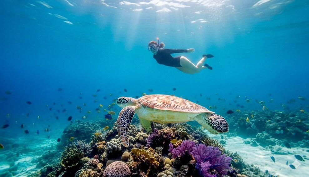 A diver swimming with a sea turtle and colorful coral reef. 2