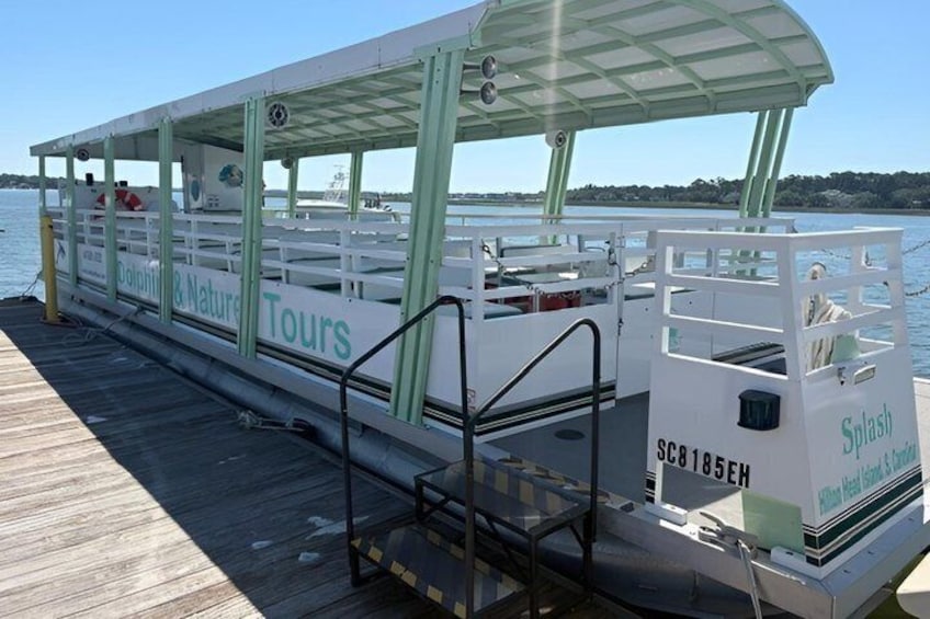 Un bote con la leyenda 'Dolphin & Nature Tours' en la banda, amarrado a un muelle. 4