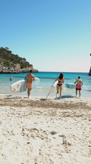 People walking on a sandy beach with surfboards, clear blue water, and rocky cliffs in the background. 3