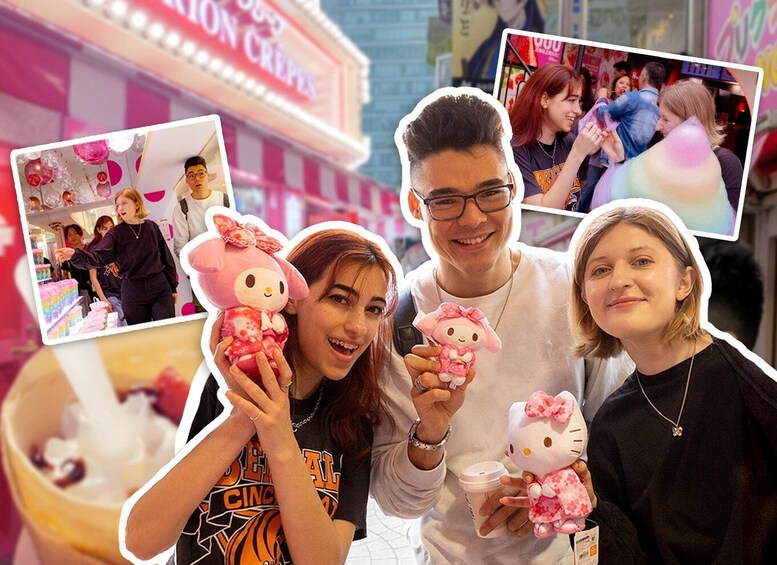 A group of people holding Hello Kitty plush toys in front of a brightly lit pink storefront. 1