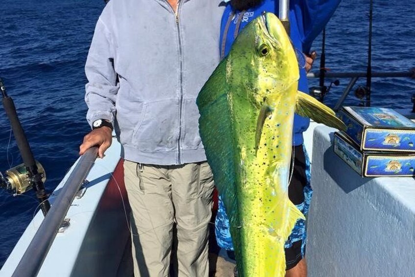 A person holding a large fish on a boat. 5