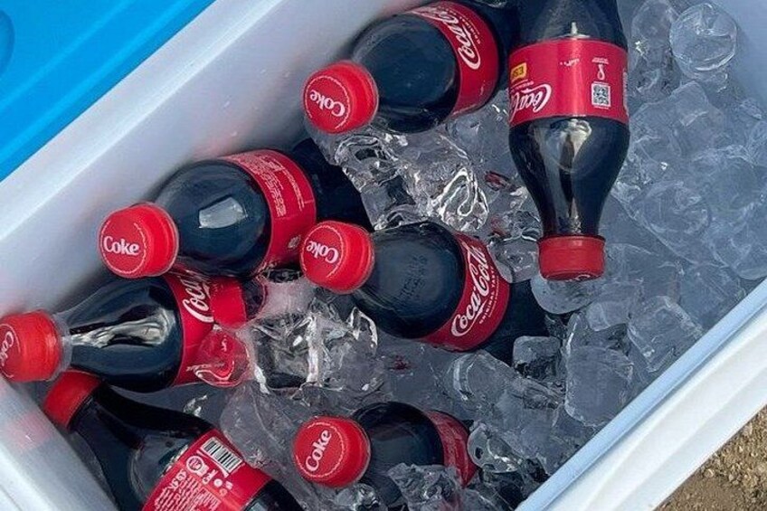 Ein Behälter, gefüllt mit Eiswürfeln und Cola-Flaschen. 2