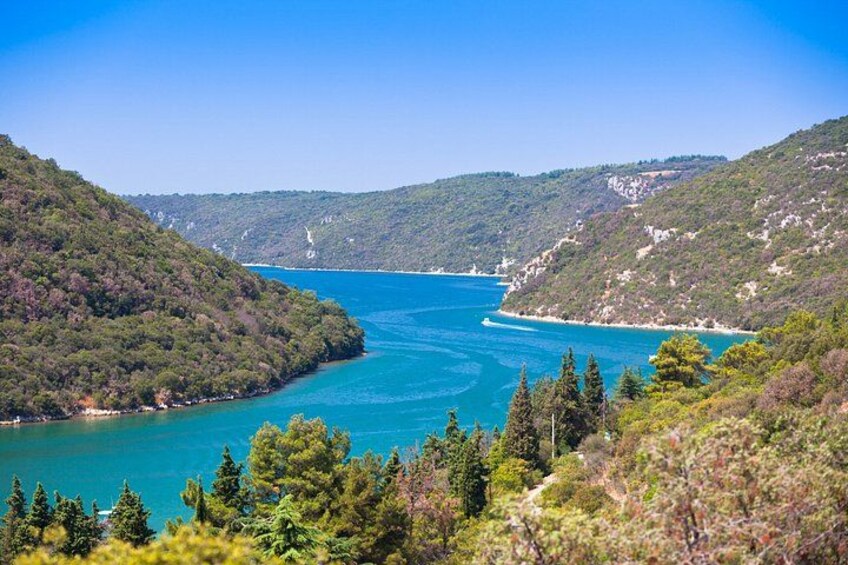 A coastal landscape with a turquoise bay, dense green hills, and a clear sky. 5