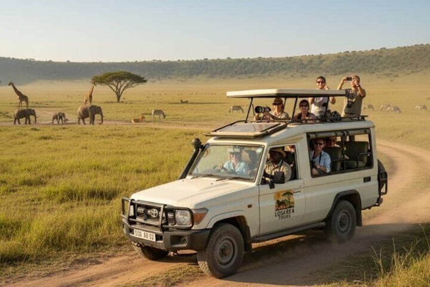 A safari vehicle with passengers on a dirt road in a grassy savannah with giraffes and elephants in the background. 3