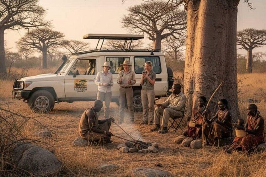 A safari vehicle, people around a campfire, and a savanna landscape with trees. 2