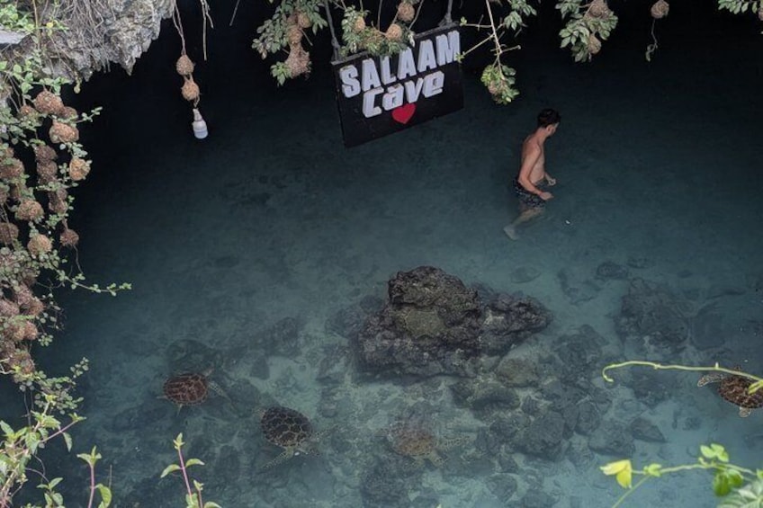 Un hombre con bañador cerca de un cartel que dice 'SALAMAN LOVE' en una masa de agua cristalina rodeada de vegetación. 3