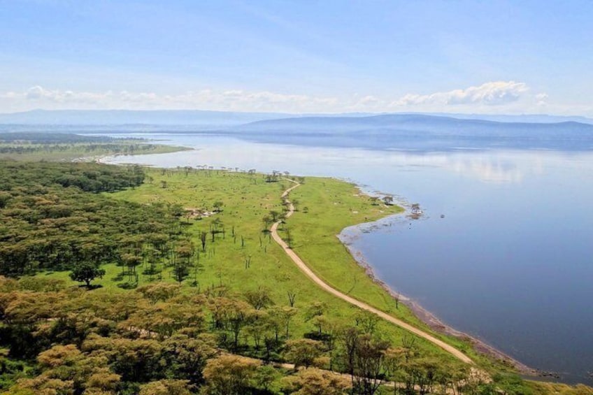 A lake surrounded by green fields and a dirt path. 4