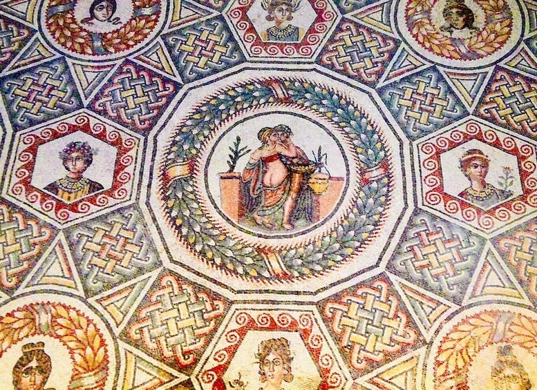 A mosaic with geometric patterns and figures. 4