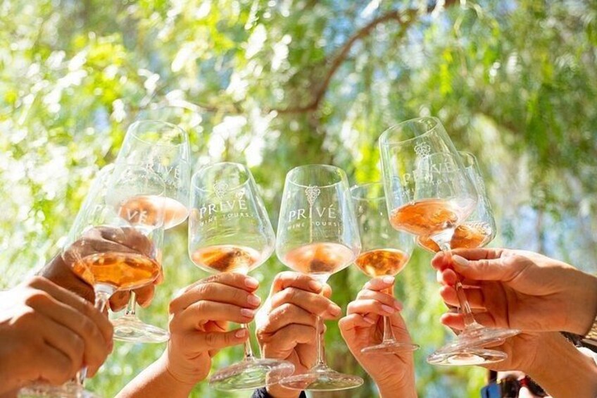 A group of people holding wine glasses with the brand 'PRIVE' visible, outdoors with trees in the background. 3