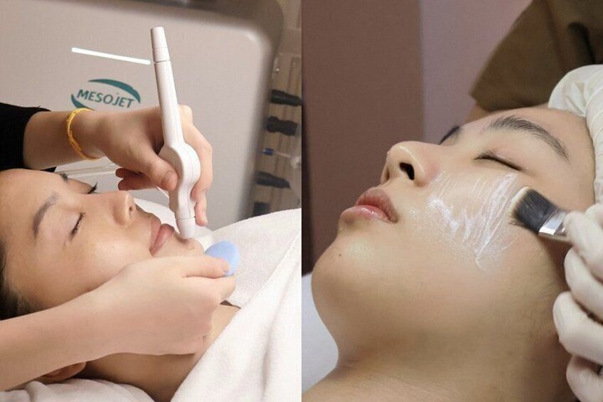 A person receiving a facial treatment with a device and a brush. 1